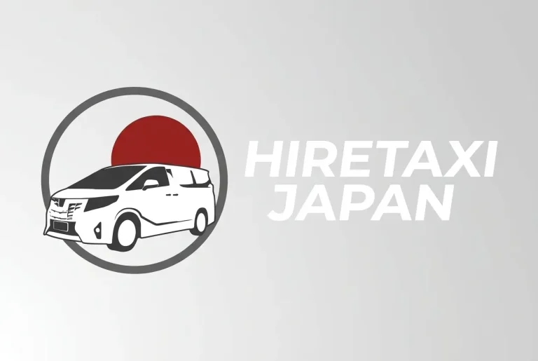 Hire Taxi Japan logo: white van inside a circle with a red sun, gray circle outline on a light gray background.