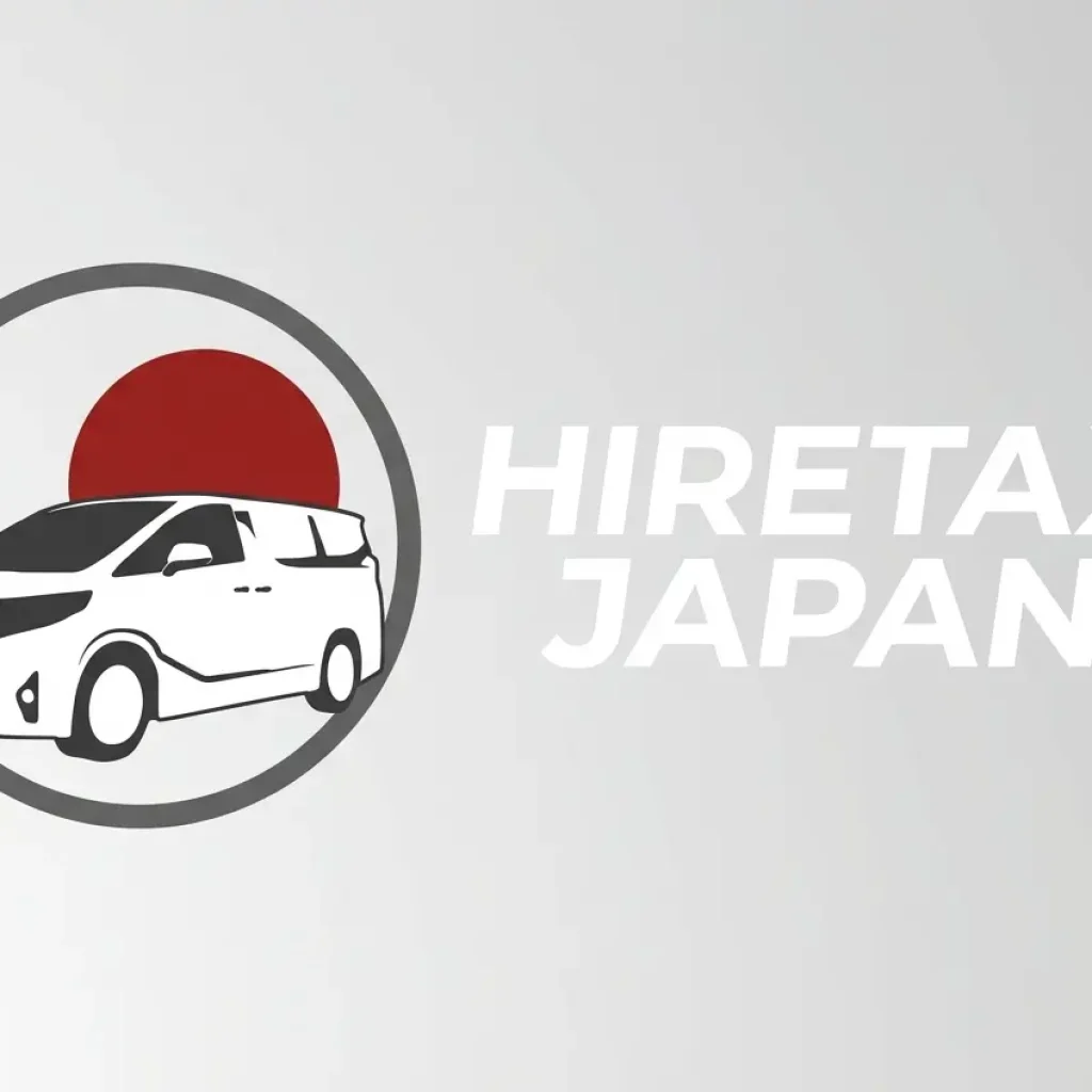 Logo for Hire Taxi Japan: white van inside a gray ring with a red sun, next to the text 'HIRE TAXI JAPAN' on a light-gray background