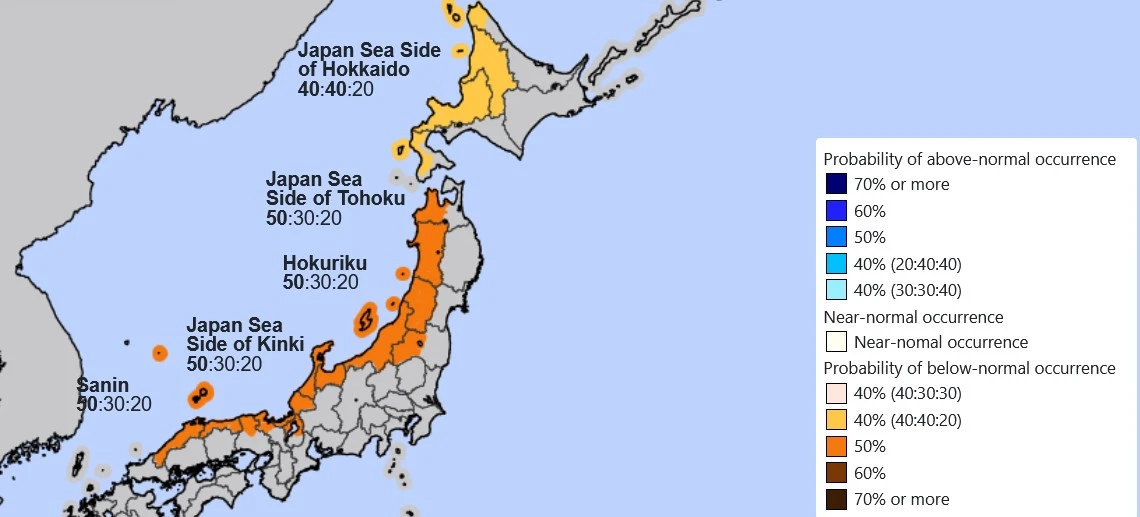 Japan winter season snow probability forecast for 2026-2027